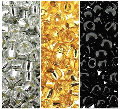 Miyuki Rocailles, Größe 6/0, silberfarbener Kristall (6–131S), silberfarbener Rand, Hellgold (6–002), undurchsichtiges Schwarz (6–401), 3 x 20-g-Tuben, 3 Stück von Miyuki