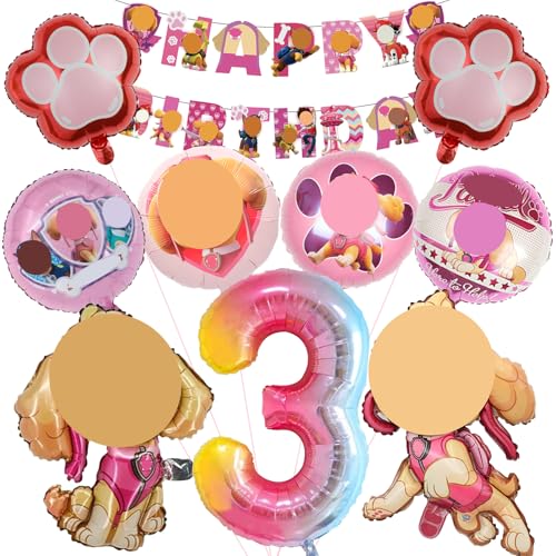 Mizijia 10 Stück Paw Dog Geburtstagsdeko 3 Jahre Mädchen, Paw Dog Luftballons Geburtstag Set, Kindergeburtstag Folienballon, Geburtstag Party Deko Ballons Set für Kinder (3) von Mizijia