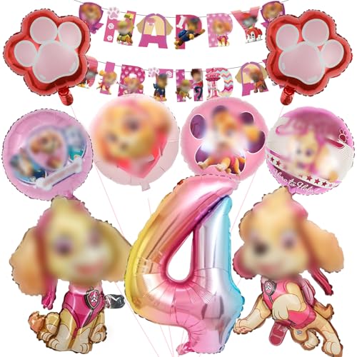 Mizijia 10 Stück Paw Dog Geburtstagsdeko 4 Jahre Mädchen, Paw Dog Luftballons Geburtstag Set, Kindergeburtstag Folienballon, Geburtstag Party Deko Ballons Set für Kinder (4) von Mizijia