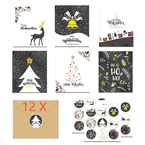12er Schön Weihnachtskarten mit Umschlägen, Edel Weihnachtskarten-Set Modern Klappkarten, Weihnachtspostkarten Kraftpapier, für die Schönsten Weihnachtsgrüße - Frohe Weihnachten von Mizijia