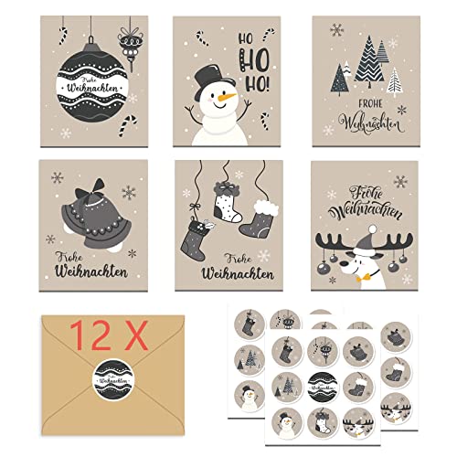 12er Schön Weihnachtskarten mit Umschlägen, Edel Weihnachtskarten-Set Vintage Klappkarten, Weihnachtspostkarten Kraftpapier, für die Schönsten Weihnachtsgrüße - Frohe Weihnachten von Mizijia