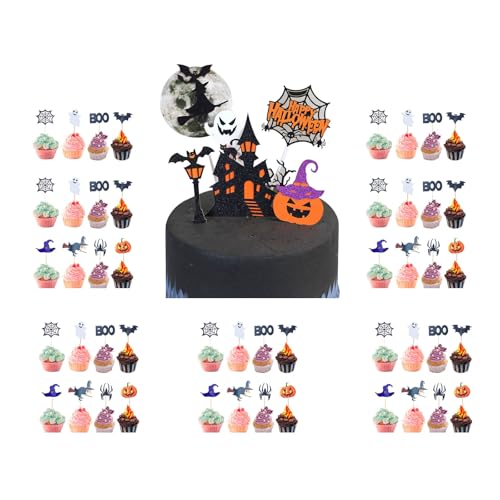 54 Stück Cupcake Topper Set für Halloween,Kuchendeko mit Kürbis, Fledermaus, Schädel, Geist und Spinne | Perfekte Tortendeko für Kinderpartys und Halloween-Feiern (Halloween-A) von Mizijia