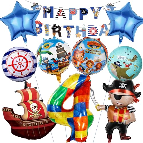 Mizijia 10 Stück Piratn Luftballons Geburtstag Set 4 Jahre Junge, Piratn Geburtstagsdeko Folienballon, Kindergeburtstag, Geburtstag Party Deko Ballons Set für Kinder (4) von Mizijia