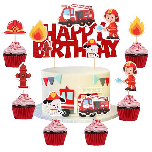 Mizijia 13 Stück Feuerwhr Tortendeko Junge, Feuerwhr Kuchen Deko Kindergeburtstag, Cake Topper Set, Happy Birthday Topper für Kinder Geburtstag Party Kuchen Dekoration Supplies von Mizijia