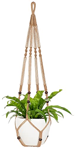 Mkono 43 Zoll Makrame Pflanzenaufhänger groß für bis zu 12 Zoll Topf Extra Lange hängende Pflanzenhalter Keine Quasten Pflanzkorb mit Holzperlen für Indoor Outdoor Boho Dekor, Braun von Mkono