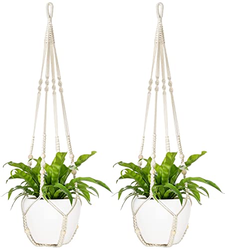 Mkono 43 Zoll Makrame Pflanzenaufhänger groß für bis zu 12 Zoll Topf Extra Lange hängende Pflanzenhalter Keine Quasten Pflanzkorb mit Holzperlen für Indoor Outdoor Boho Dekor, Elfenbein, Satz von 2 von Mkono