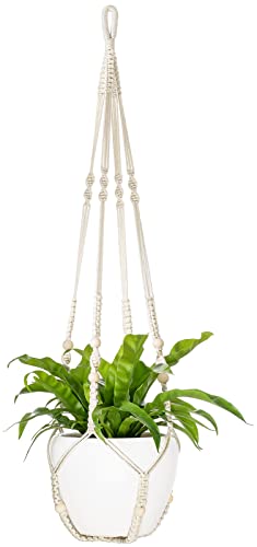 Mkono 43 Zoll Makrame Pflanzenaufhänger groß für bis zu 12 Zoll Topf Extra Lange hängende Pflanzenhalter Keine Quasten Pflanzkorb mit Holzperlen für Indoor Outdoor Boho Dekor, Elfenbein von Mkono