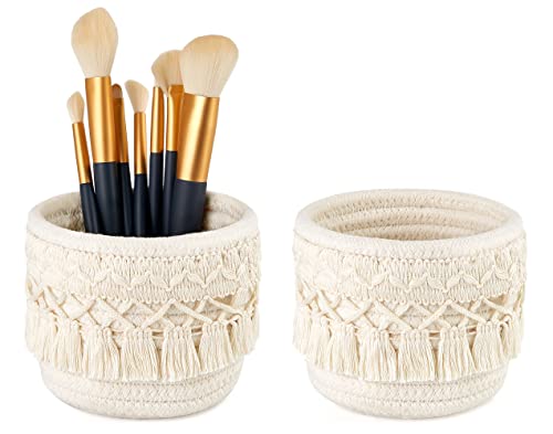 Mkono Makramee-Make-up-Pinselhalter, Organizer, Kammpinsel, Mini-Aufbewahrungskorb, Set mit 2 Boho-Dekorkörben für Stifte, Bleistifte, Behälter, Elfenbein von Mkono
