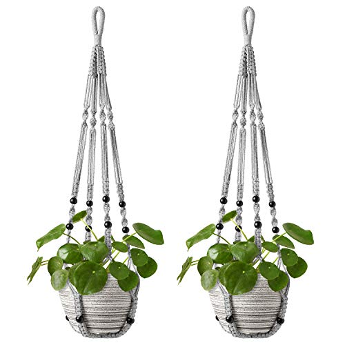 Mkouo Makramee Pflanzenhänger Blumenampel Außen Innen Hängender Blumentöpfe mit Holzperlen Keine Quasten Boho Balkon Deko 89cm, Grey, 2-Pack von Mkouo