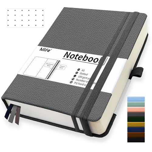 Mlife A5 Dotted Journal Notizbuch,360 Seiten Und 100g/M² Tintenfestes Papier,Hardcover Collegeblock Notizblock,Notizbücher Mit Falttasche Für Büro Schule Zuhause Schreiben&Notizen(Grey) von Mlife