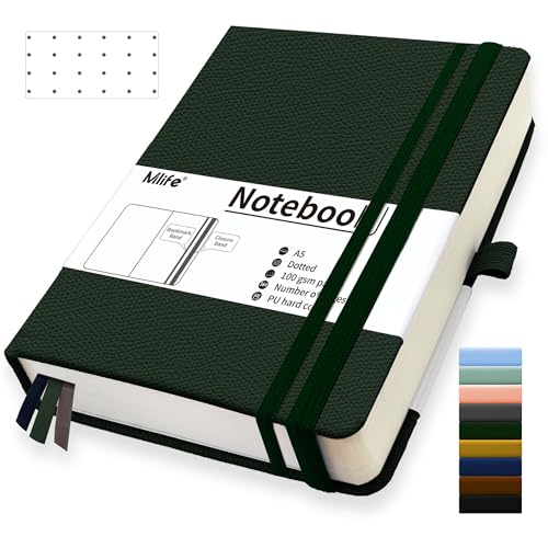 Mlife A5 Dotted Journal Notizbuch,360 Seiten Und 100g/M² Tintenfestes Papier,Hardcover Collegeblock Notizblock,Notizbücher Mit Falttasche Für Büro Schule Zuhause Schreiben&Notizen(Grün) von Mlife