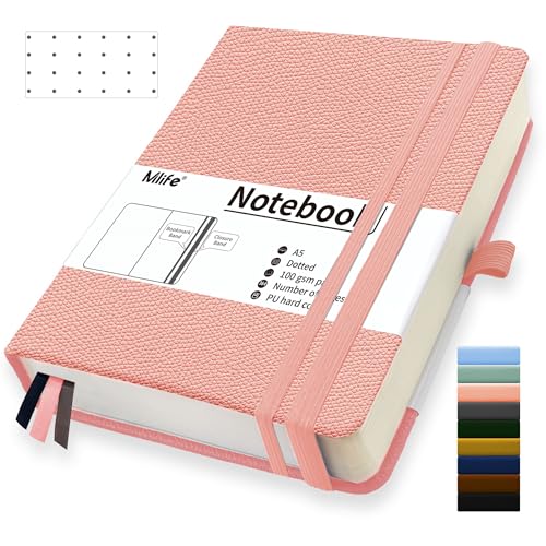 Mlife A5 Dotted Journal Notizbuch,360 Seiten Und 100g/M² Tintenfestes Papier,Hardcover Collegeblock Notizblock,Notizbücher Mit Falttasche Für Büro Schule Zuhause Schreiben&Notizen(Rosa) von Mlife