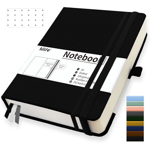 Mlife A5 Dotted Journal Notizbuch,360 Seiten Und 100g/M² Tintenfestes Papier,Hardcover Collegeblock Notizblock,Notizbücher Mit Falttasche Für Büro Schule Zuhause Schreiben&Notizen(Schwarz) von Mlife