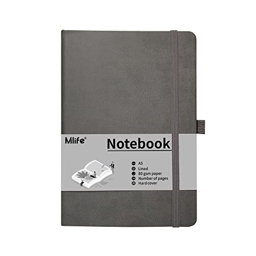 Mlife A5 Journal Notizbuch, 192 Seiten, Hardcover mit elastischem Verschlussband und Falttasche(Grau) von Mlife