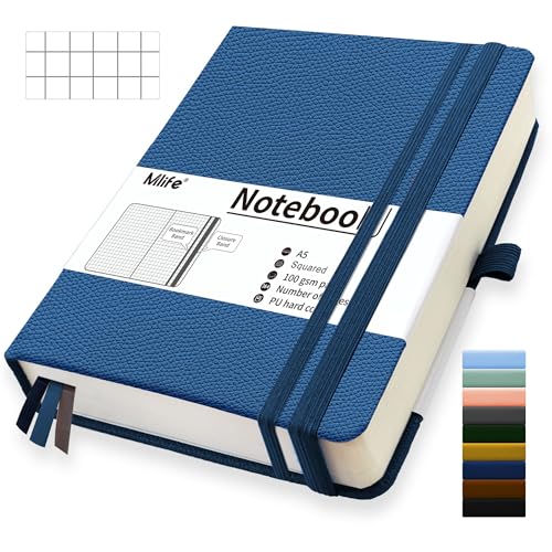 Mlife A5 Kariert Journal Notizbuch,360 Seiten Und 100g/M² Tintenfestes Papier,Hardcover Collegeblock Notizblock,Notizbücher Mit Falttasche Für Büro Schule Zuhause Schreiben&Notizen(Blau) von Mlife