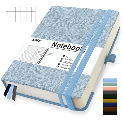 Mlife A5 Kariert Journal Notizbuch,360 Seiten Und 100g/M² Tintenfestes Papier,Hardcover Collegeblock Notizblock,Notizbücher Mit Falttasche Für Büro Schule Zuhause Schreiben&Notizen(Hellblau) von Mlife