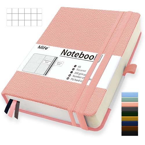 Mlife A5 Kariert Journal Notizbuch,360 Seiten Und 100g/M² Tintenfestes Papier,Hardcover Collegeblock Notizblock,Notizbücher Mit Falttasche Für Büro Schule Zuhause Schreiben&Notizen(Rosa) von Mlife