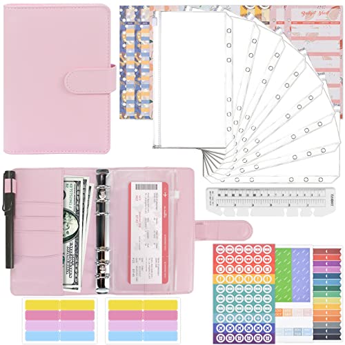 Mlife A6 Budget Planner kit,6 Löcher Loseblatt Notizbuch mit 8pcs Binder Taschen 12 Budgetblätter,20 Stück Etikettenaufklebern Notebook Ringbuchordner, passendem Aufkleber und Etikett(Rosa) von Mlife