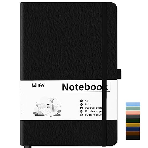 Mlife Notebook A5,Dotted Journal Buch mit 200 Seiten, Premium 100gsm Tintenfestes Papie Dickes,PU Hard Cover Notizbuch,Innentasche,Elastisch Gebändert,bullet journal&Dotted Notizblock A5(Schwarz) von Mlife