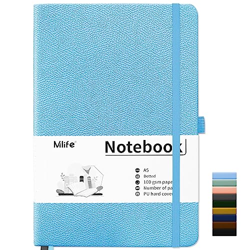 Mlife Notebook A5,Dotted Journal Buch mit 200 Seiten, Premium 100gsm Tintenfestes Papie Dickes,PU Hard Cover Notizbuch,Innentasche,Elastisch Gebändert,bullet journal&Dotted Notizblock A5(Hellblau) von Mlife