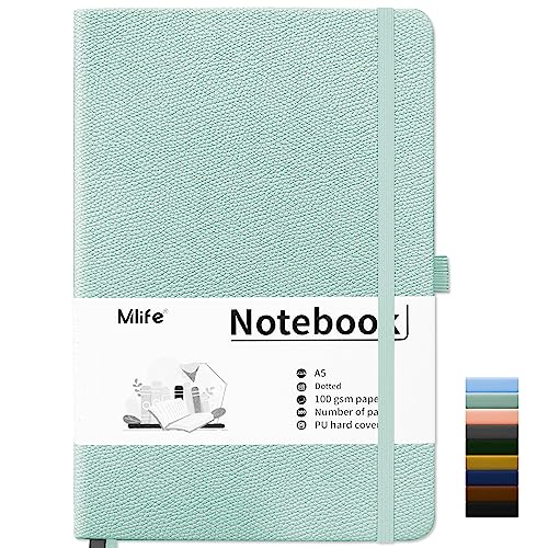 Mlife Notebook A5,Dotted Journal Buch mit 200 Seiten, Premium 100gsm Tintenfestes Papie Dickes,PU Hard Cover Notizbuch,Innentasche,Elastisch Gebändert,bullet journal&Dotted Notizblock A5(Blaugrün) von Mlife