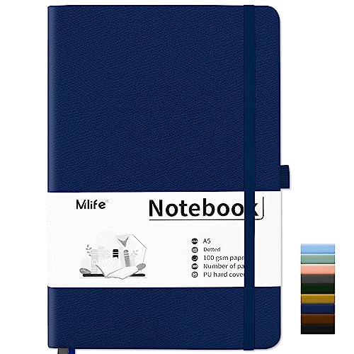 Mlife Notebook A5,Dotted Journal Buch mit 200 Seiten, Premium 100gsm Tintenfestes Papie Dickes,PU Hard Cover Notizbuch,Innentasche,Elastisch Gebändert,bullet journal&Dotted Notizblock A5(Blau) von Mlife