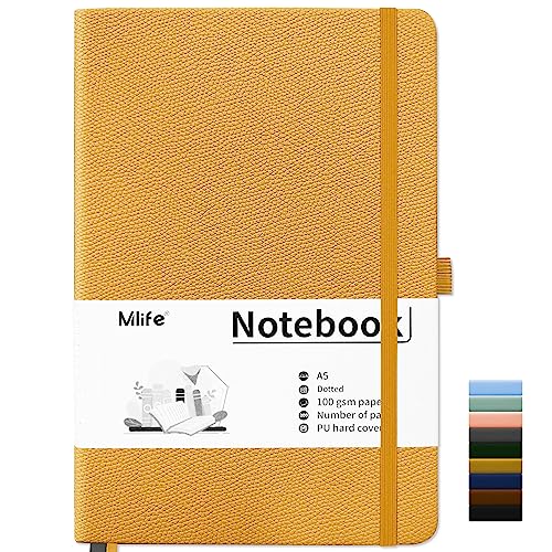 Mlife Notebook A5,Dotted Journal Buch mit 200 Seiten, Premium 100gsm Tintenfestes Papie Dickes,PU Hard Cover Notizbuch,Innentasche,Elastisch Gebändert,bullet journal&Dotted Notizblock A5(Gelb) von Mlife