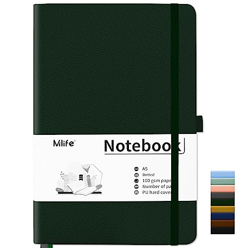 Mlife Notebook A5,Dotted Journal Buch mit 200 Seiten, Premium 100gsm Tintenfestes Papie Dickes,PU Hard Cover Notizbuch,Innentasche,Elastisch Gebändert,bullet journal&Dotted Notizblock A5(Grün) von Mlife