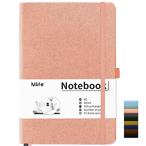 Mlife Notebook A5,Dotted Journal Buch mit 200 Seiten, Premium 100gsm Tintenfestes Papie Dickes,PU Hard Cover Notizbuch,Innentasche,Elastisch Gebändert,bullet journal&Dotted Notizblock A5(Rosa) von Mlife