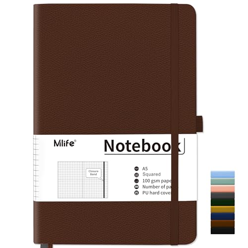 Mlife Notizbuch A5 Kariert,200 Seiten Notizbücher Hardcover,Premium 100gsm Tintenfestes Papie Dickes,PU Hard Cover Notebook,Innentasche,Elastisch Gebändert,Bullet journal&Notizblock,Tagebuch(Braun) von Mlife