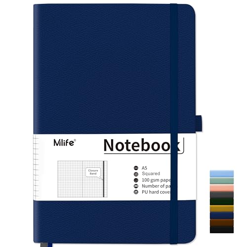 Mlife Notizbuch A5 Kariert,200 Seiten Notizbücher Hardcover,Premium 100gsm Tintenfestes Papie Dickes,PU Hard Cover Notebook,Innentasche,Elastisch Gebändert,Bullet journal&Notizblock,Tagebuch(Blau) von Mlife