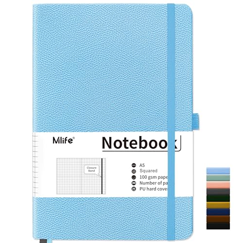 Mlife Notizbuch A5 Kariert,200 Seiten Notizbücher Hardcover,Premium 100gsm Tintenfestes Papie Dickes,PU Hard Cover Notebook,Innentasche,Elastisch Gebändert,Bullet journal&Notizblock,Tagebuch(Hellblau) von Mlife