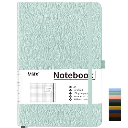 Mlife Notizbuch A5 Kariert,200 Seiten Notizbücher Hardcover,Premium 100gsm Tintenfestes Papie Dickes,PU Hard Cover Notebook,Innentasche,Elastisch Gebändert,Bullet journal&Notizblock,Tagebuch(Blaugrün) von Mlife