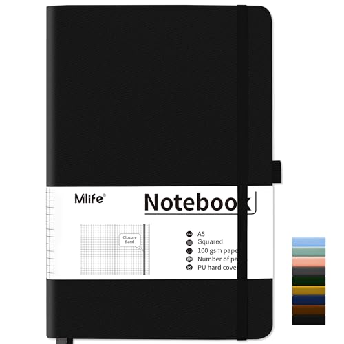 Mlife Notizbuch A5 Kariert,200 Seiten Notizbücher Hardcover,Premium 100gsm Tintenfestes Papie Dickes,PU Hard Cover Notebook,Innentasche,Elastisch Gebändert,Bullet journal&Notizblock,Tagebuch(Schwarz) von Mlife