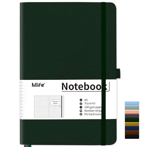 Mlife Notizbuch A5 Kariert,200 Seiten Notizbücher Hardcover,Premium 100gsm Tintenfestes Papie Dickes,PU Hard Cover Notebook,Innentasche,Elastisch Gebändert,Bullet journal&Notizblock,Tagebuch(Grün) von Mlife