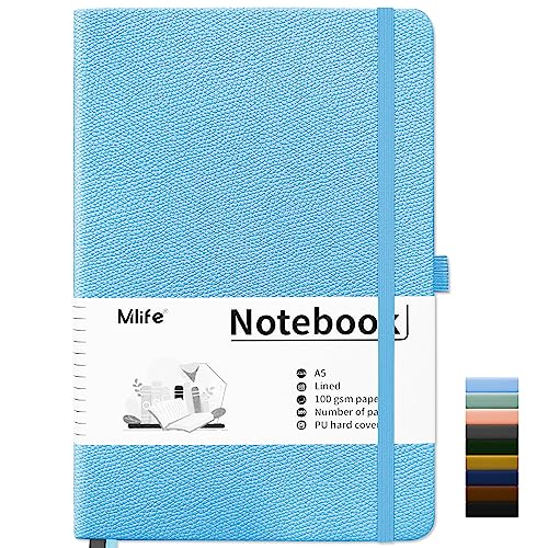 Mlife Notizbuch liniert A5,Journal Buch mit 200 Seiten,Premium 100gsm Tintenfestes Papie Dickes,PU Hard Cover Notebook,Innentasche,Elastisch Gebändert,bullet journal & Notizblock Hardcover(Hellblau) von Mlife