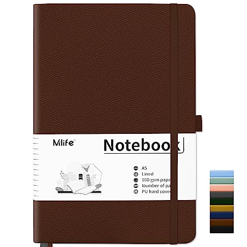 Mlife Notizbuch liniert A5,Journal Buch mit 200 Seiten,Premium 100gsm Tintenfestes Papie Dickes,PU Hard Cover Notebook,Innentasche,Elastisch Gebändert,bullet journal & Notizblock Hardcover(Braun) von Mlife