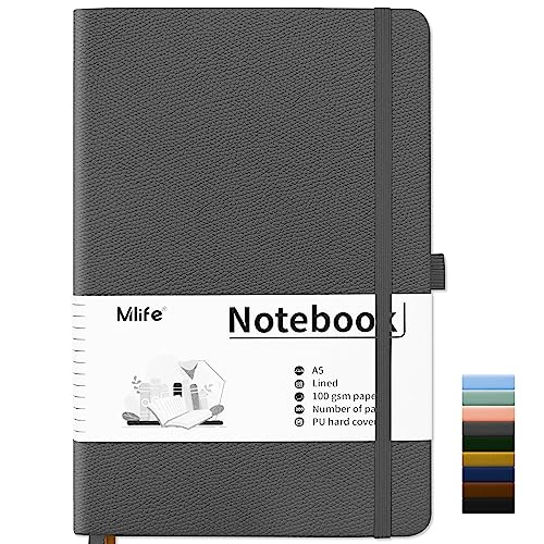 Mlife Notizbuch liniert A5,Journal Buch mit 200 Seiten,Premium 100gsm Tintenfestes Papie Dickes,PU Hard Cover Notebook,Innentasche,Elastisch Gebändert,bullet journal & Notizblock Hardcover(Grey) von Mlife