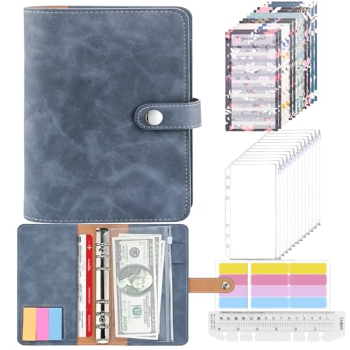 Mlife Ringbuch,Budget Planner - 26pcs Leder Notizbuch Ordner mit Klar Plastik Binderumschlägen,Budgetblätter,Etikettenaufklebern,Geld Aufbewahrung ​Sparbuch für Reisen und Tagebuch (Blau) von Mlife