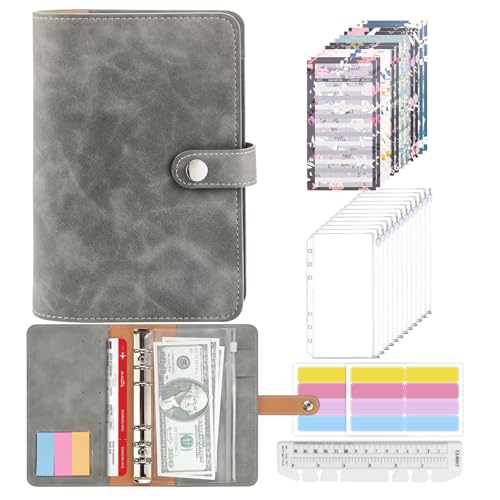 Mlife Ringbuch,Budget Planner - 26pcs Leder Notizbuch Ordner mit Klar Plastik Binderumschlägen,Budgetblätter,Etikettenaufklebern,Geld Aufbewahrung ​Sparbuch für Reisen und Tagebuch (Grau) von Mlife