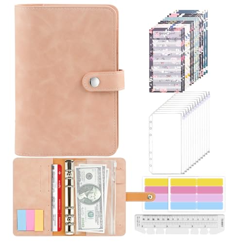 Mlife Ringbuch,Budget Planner - 26pcs Leder Notizbuch Ordner mit Klar Plastik Binderumschlägen,Budgetblätter,Etikettenaufklebern,Geld Aufbewahrung ​Sparbuch für Reisen und Tagebuch (Rosa) von Mlife