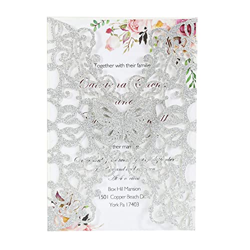 Mlight 50 Stück Glitzer-Laserschnitt-Hochzeitseinladungskarten mit Schmetterling, 17,8 x 12,9 cm, Einladungskartentasche mit Umschlägen für Hochzeit, Verlobung, Brautdusche, Party, Einladung von Mlight