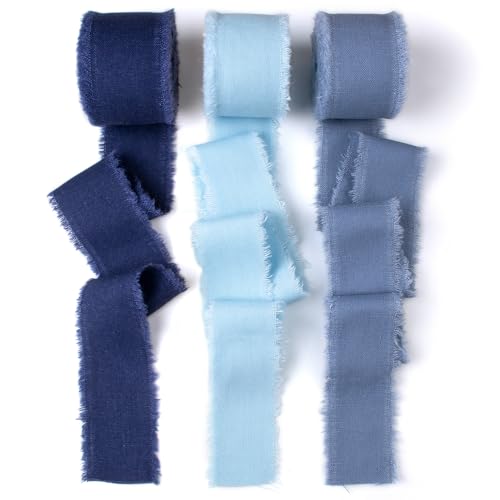 Mlurcu Blaues Baumwoll-Leinenband, 3,8 cm x 7 m, Boho-Vintage-Stil, rustikales Band, handgefertigt, Fransen, ausgefranstes Stoffband für Geschenkverpackungen, Hochzeitseinladungen, Brautsträuße, DIY von Mlurcu