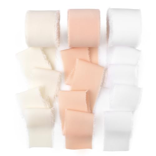 Mlurcu Fransen-Chiffon-Seidenband, 3,8 cm x 27,7 m, pfirsichfarben, elfenbeinfarben, weiß, Band-Set, handgefertigt, ausgefranstes Stoffband, Boho-Stoffband für Hochzeitseinladungen, Brautstrauß, Mlurcu Fransen-Chiffon-Seidenband, 3,8 cm x 27,7 m, pfirsichfarben, elfenbeinfarben, weiß, Band-Set, handgefertigt, ausgefranstes Stoffband, Boho-Stoffband für Hochzeitseinladungen, Brautstrauß, von Mlurcu