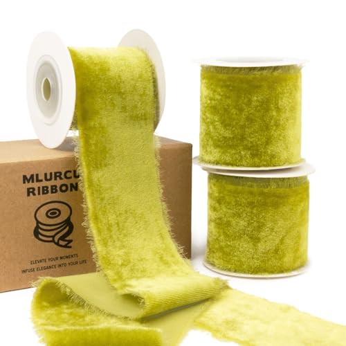 Mlurcu Grünes Samtband – 5,1 cm breit, moosgrünes, ausgefranstes Band zum Verpacken, Hochzeitseinladungen und Blumensträuße von Mlurcu
