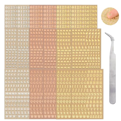 18 Blatt Harz Buchstaben Aufkleber, Gold/Silber/Rosa Alphabet Zahlen Aufkleber Mini Buchstaben Nummer mit Pinzette, für Nail Art Epoxidharz Handwerk, DIY Handwerk Scrapbooking und Grußkarten von Mmgoqqt