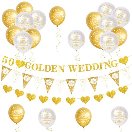 Goldene Hochzeitsdekorationen, Goldene Hochzeitsdekorationen, Glitzerbanner, 50. Wimpelkette und Luftballons für Partyzubehör Goldene Hochzeitsdekorationen, Goldene Hochzeitsdekorationen, Glitzerbanner, 50. Wimpelkette und Luftballons für Partyzubehör von Mmgoqqt