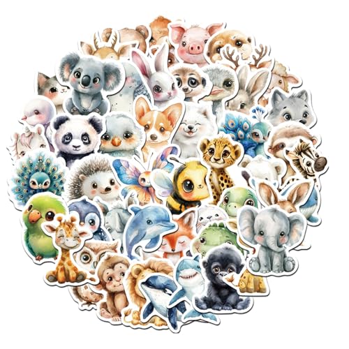 Tiere Aufkleber Kinder, 50 Stück Stickers Mit Niedlichen Aquarellen Tiere Motiven Aufkleber Kinder,Wasserfest, Lustige Tiermuster,Für Laptops, Koffer, FahrräDer Und Mehr Kreative Geschenke von Mmgoqqt