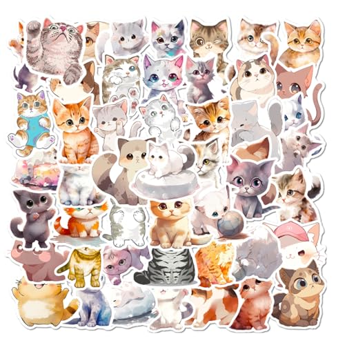 Wasserfarben Katze Aufkleber, 50 Stück Katzen Sticker Süße Katzen Aufkleber Wasserdicht,Cute Stickers, Für Skateboard Laptop Handy Trinkflasche DIY Journal Motorrad Fahrrad von Mmgoqqt