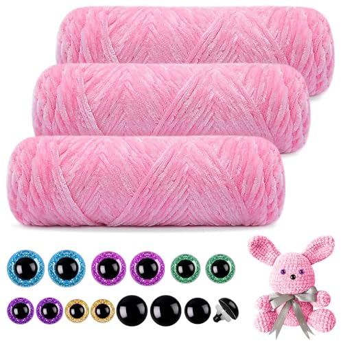 Mngevcy 3 x 150 m Chenille Wolle zum Häkeln, Flauschige Wolle, Weiche Chenille Garn mit Sicherheitsaugen für Stricken (Rosa) von Mngevcy